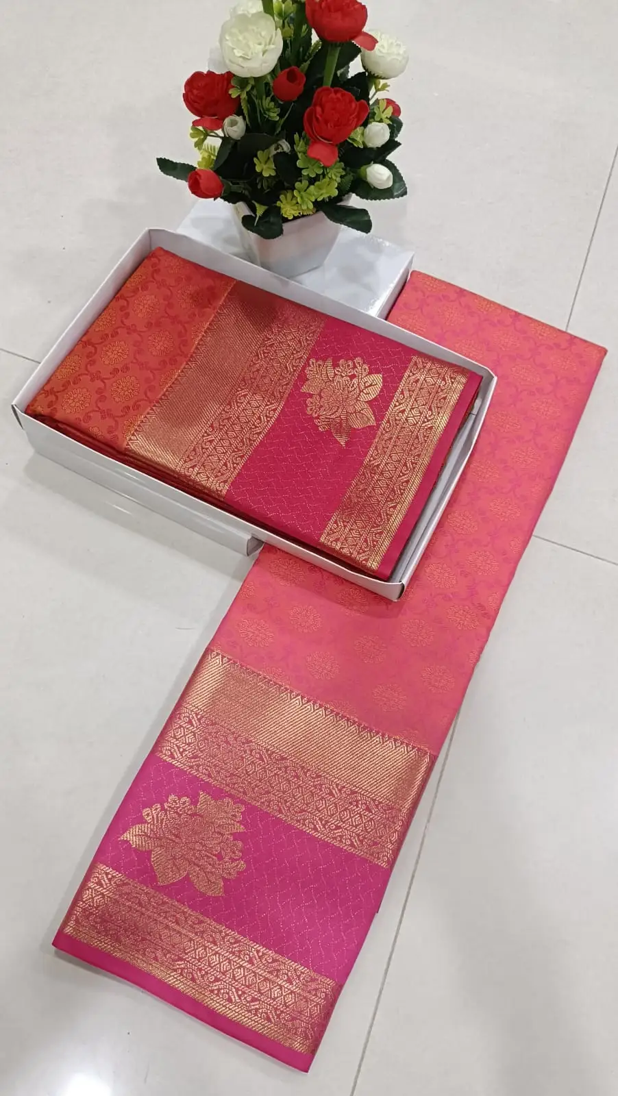 Floral Brocade Embossed Soft Silk Saree with Contrast Pallu